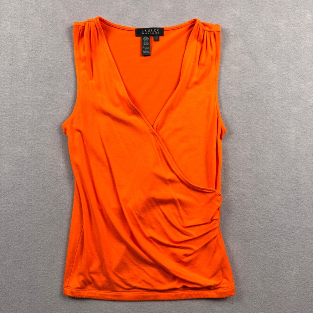 Lauren Ralph Lauren Women's XS Orange V-neck Front Wrap Ruched Sleeveless Blouse